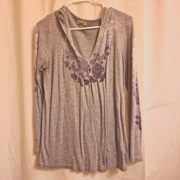 ❤️One World Women's Size Medium Gray V-Neck Pull-Over Sweater Hood Sequins - Picture 2 of 5